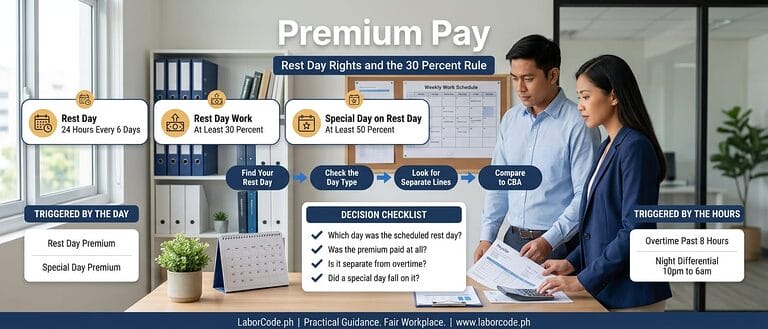 Premium pay Philippines guide: Article 91 rest day right, Article 92 grounds, Article 93 thirty percent premium