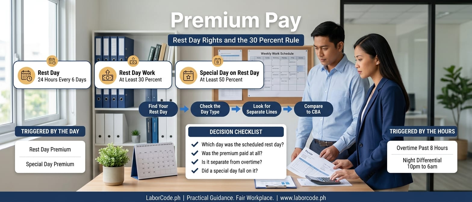 Premium pay Philippines guide: Article 91 rest day right, Article 92 grounds, Article 93 thirty percent premium