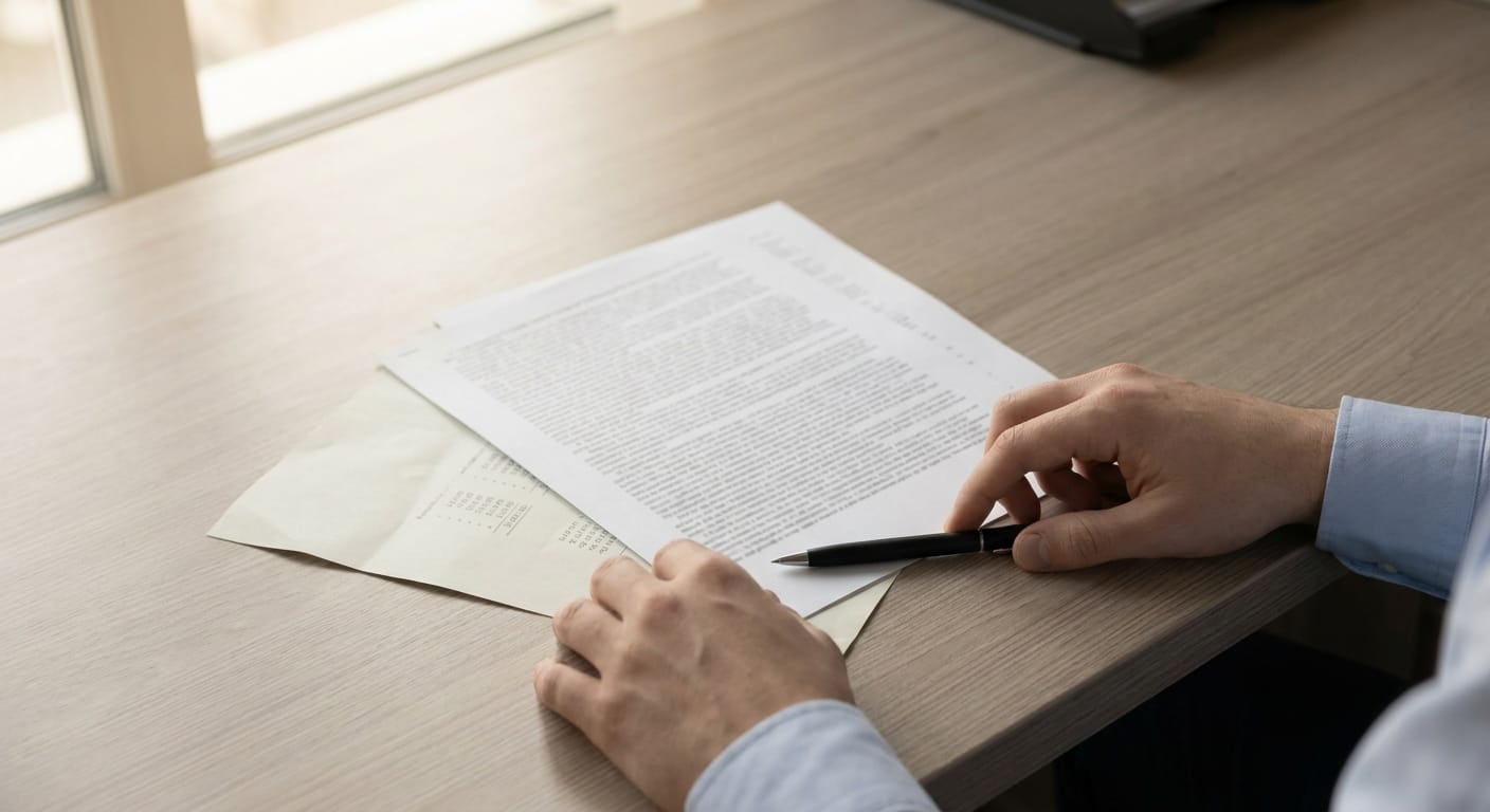 An unsigned two-page release, waiver and quitclaim lies on an office desk beside a pen and a folded pay computation sheet, with a worker's hands paused before signing.