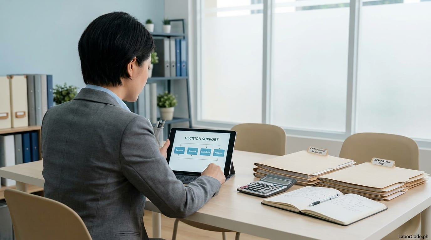 Illustration of HR professional reviewing separation pay documentation and a decision chart comparing resignation, redundancy, retrenchment, and just-cause termination in the Philippines