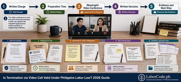 Infographic details termination via video call Philippines, including steps and use of electronic evidence.