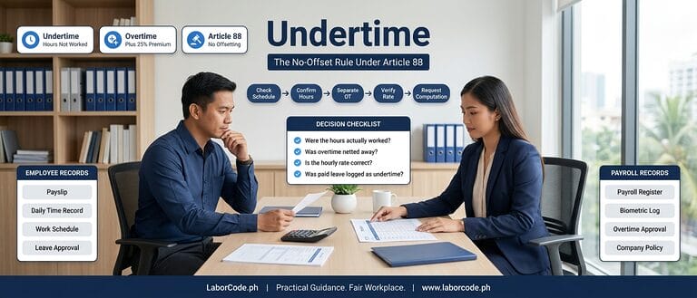 Two Filipino professionals review a timesheet and payslip while an infographic explains the Article 88 rule that undertime cannot be offset against overtime.