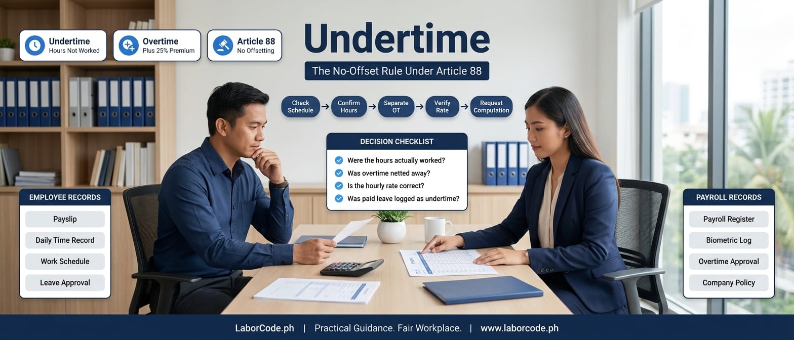 Two Filipino professionals review a timesheet and payslip while an infographic explains the Article 88 rule that undertime cannot be offset against overtime.