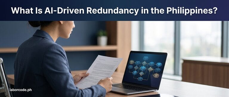 What Is AI-Driven Redundancy in the Philippines? Filipino office employee reviewing a redundancy notice with an abstract AI workflow on a laptop screen — LaborCode.ph