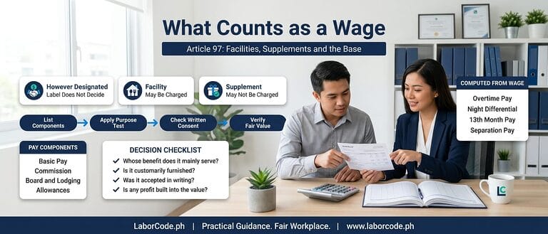 A payroll officer and an employee review a payslip while an infographic explains the Article 97 wage definition and the facilities versus supplements test.
