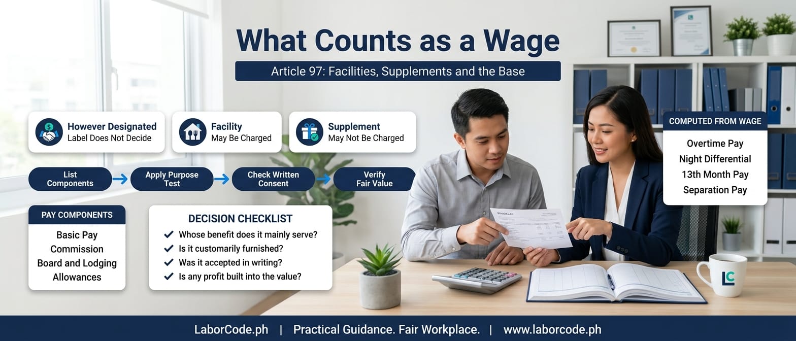 A payroll officer and an employee review a payslip while an infographic explains the Article 97 wage definition and the facilities versus supplements test.