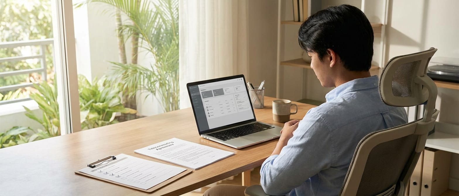 Philippine home office desk with a telecommuting policy document, illustrating RA 11165 work-from-home compliance