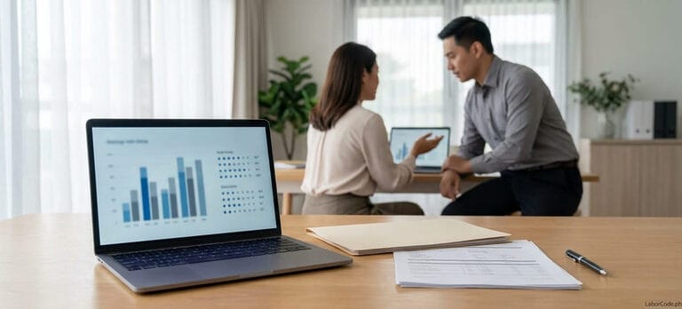 HR professionals reviewing an AI-generated performance report together in a Philippine office, illustrating human review of algorithmic HR tools