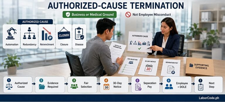 Two people discuss authorized cause termination Philippines, with charts explaining Article 298 Labor Code requirements.