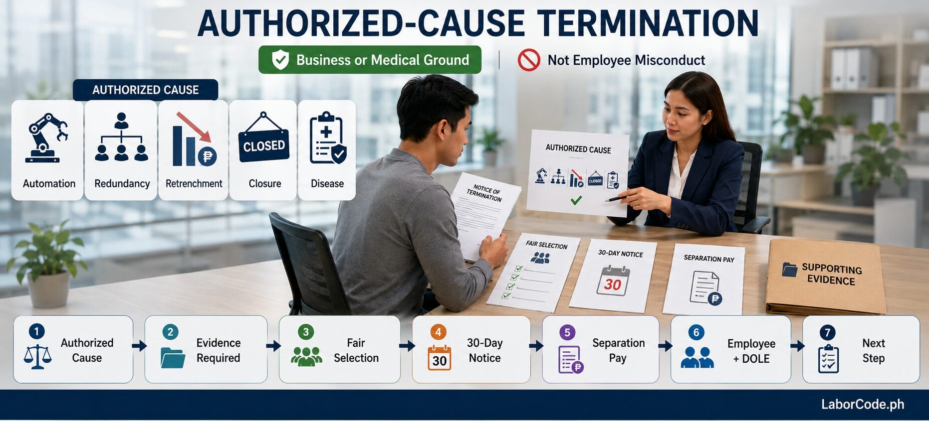 Two people discuss authorized cause termination Philippines, with charts explaining Article 298 Labor Code requirements.