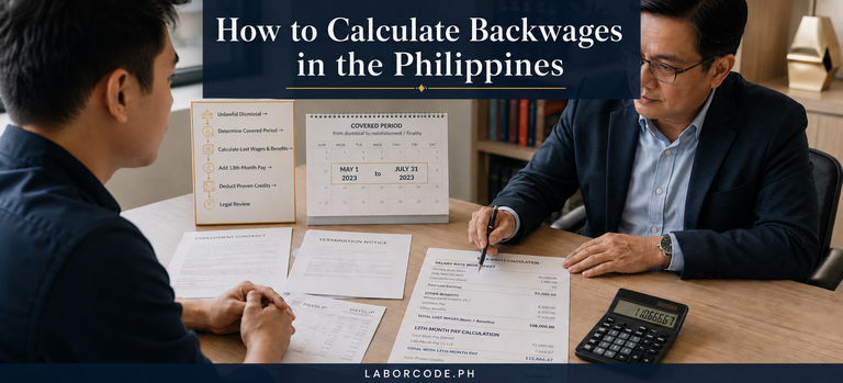 Employee and labor adviser reviewing a backwages calculation worksheet in the Philippines