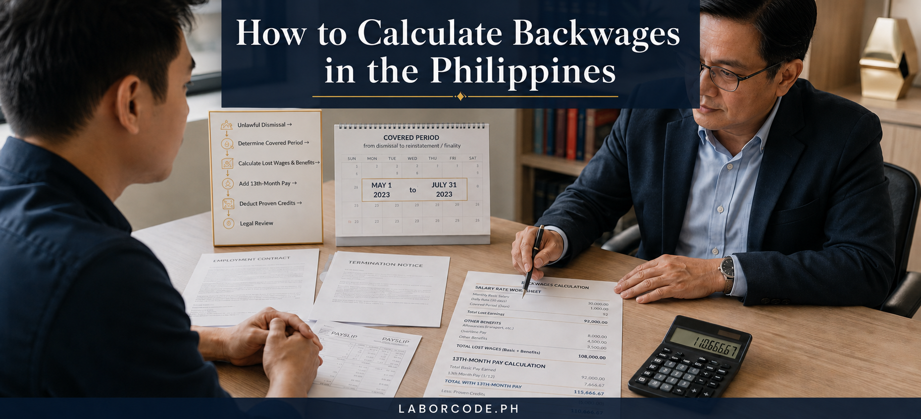 Employee and labor adviser reviewing a backwages calculation worksheet in the Philippines
