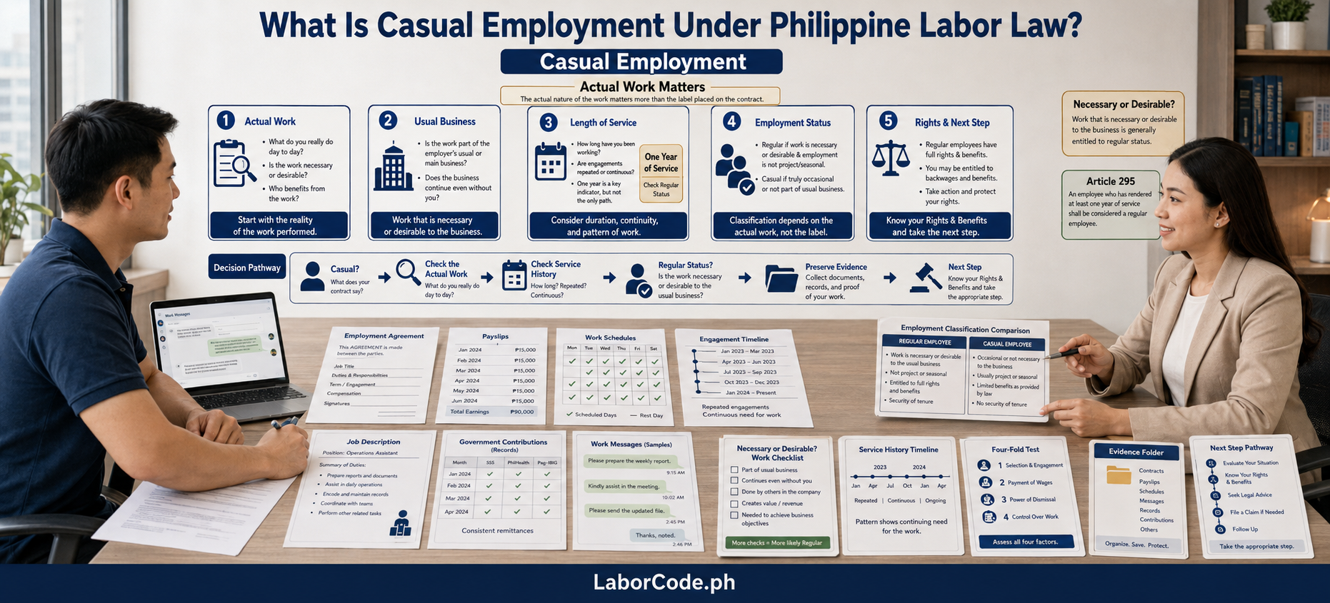 Casual work, or What Is Casual Employment Under Philippine Labor Law, lasts under one year with pay and benefits.