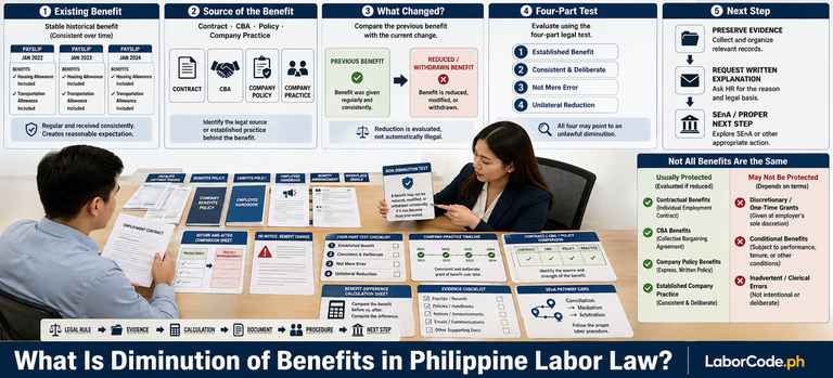 Two people review labor law documents and charts on what is diminution of benefits in Philippine labor law.