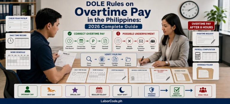 Two professionals discuss Article 87 Labor Code overtime pay rules, with charts on DOLE rules and payroll procedures.