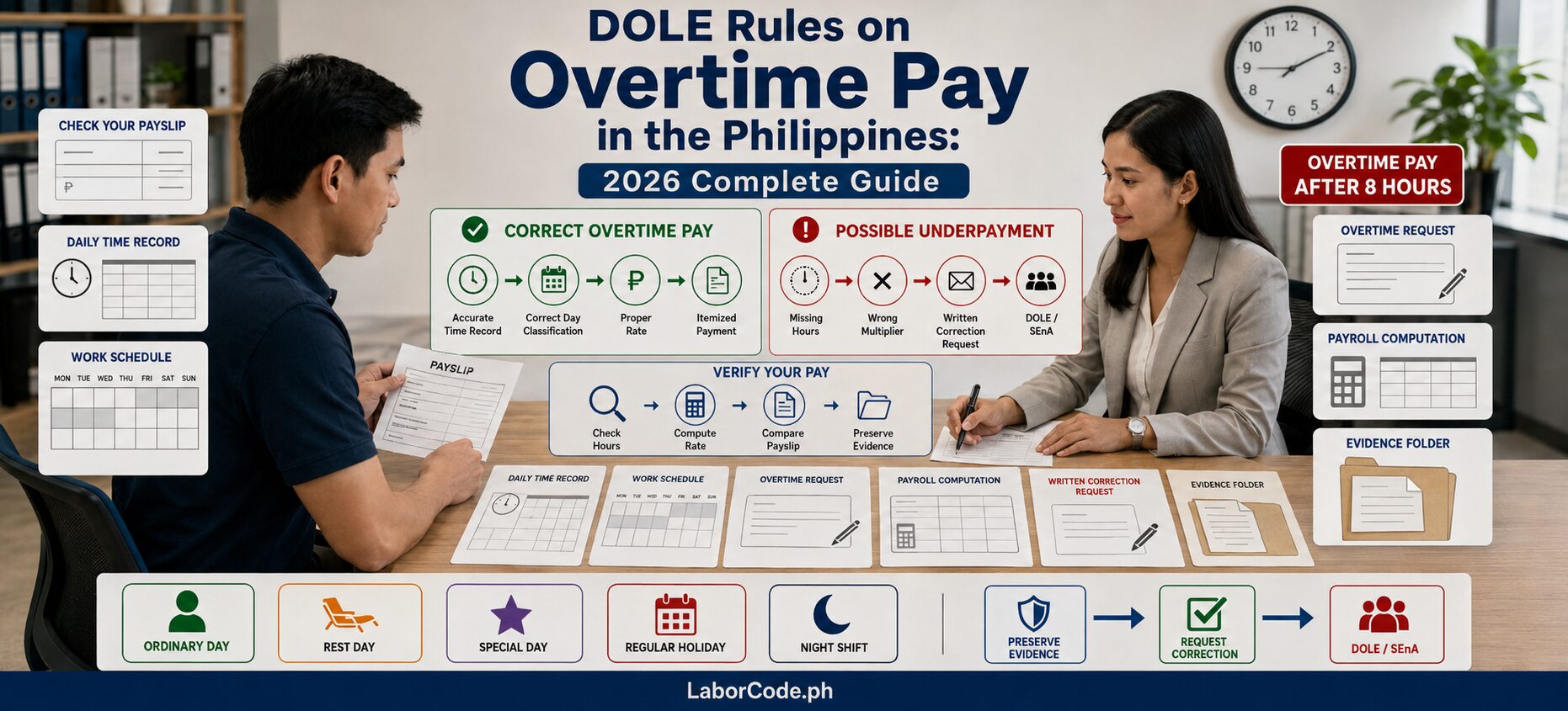 Two professionals discuss Article 87 Labor Code overtime pay rules, with charts on DOLE rules and payroll procedures.