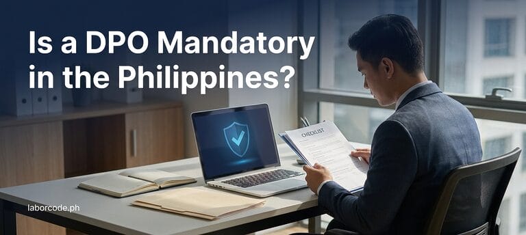 Is a DPO Mandatory in the Philippines? Philippine office desk with a privacy compliance checklist and laptop, illustrating when a Data Protection Officer must be registered with the NPC — LaborCode.ph