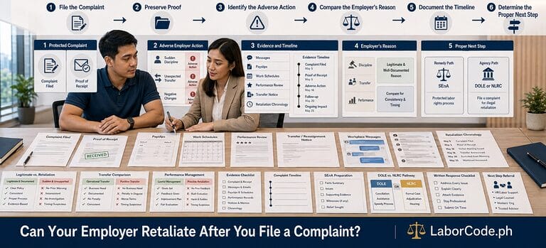 Two people discuss employer retaliation after filing a complaint, with documents and a process flowchart above.