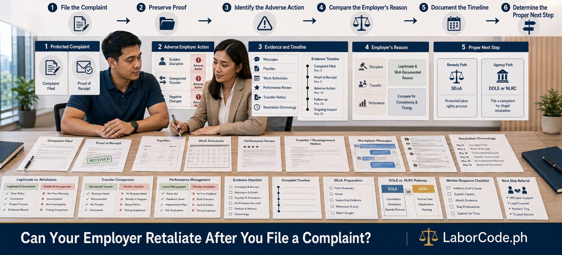 Two people discuss employer retaliation after filing a complaint, with documents and a process flowchart above.