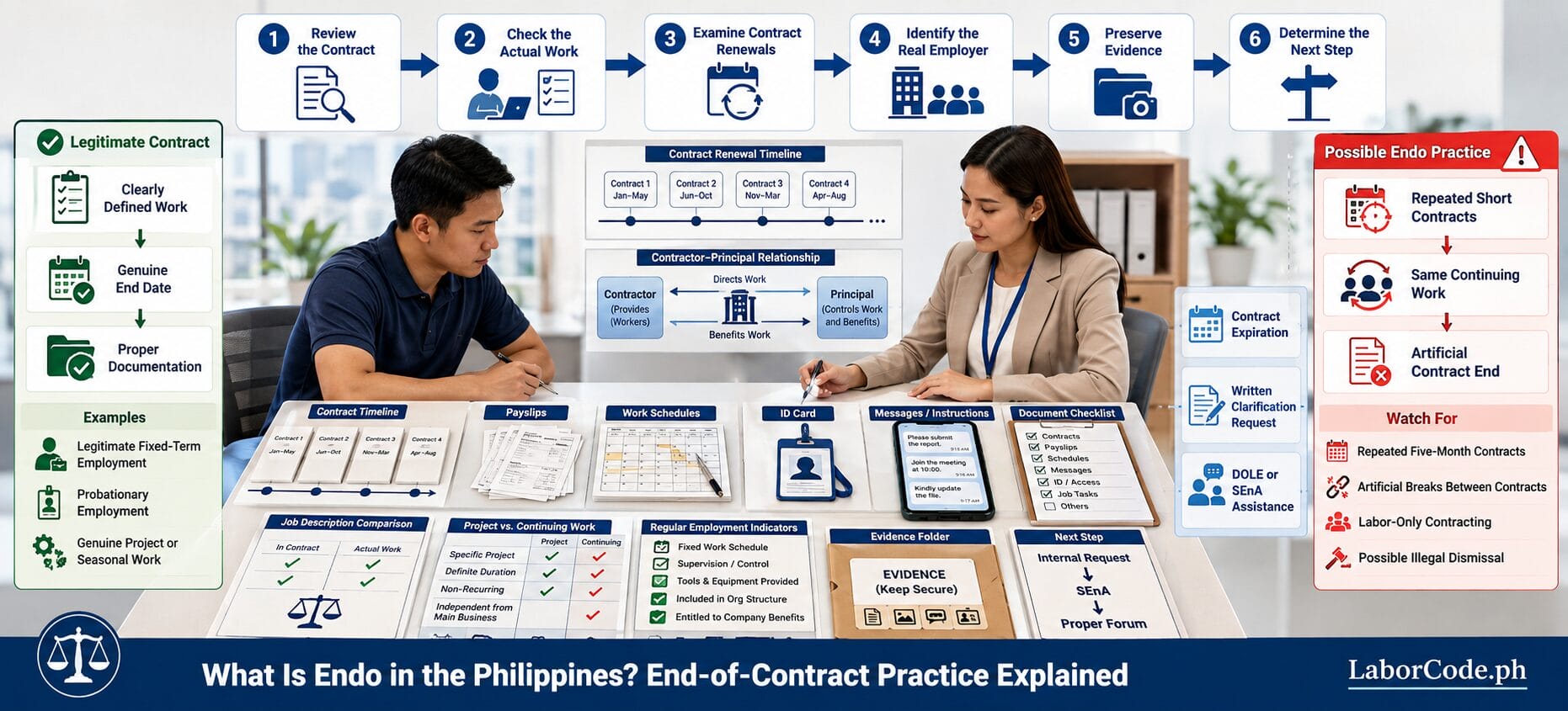Two professionals discuss What Is Endo in the Philippines at a table covered with documents and charts.