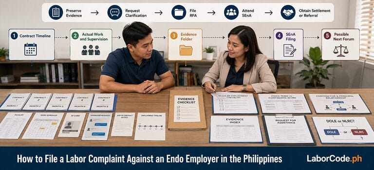 Two people discuss how to file a labor complaint in the Philippines, with endo forms and a flowchart on the table.