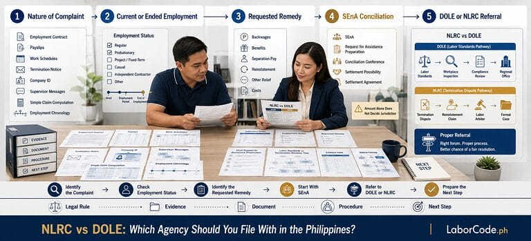 Two people review employment documents, folders, and flowcharts—discussing NLRC vs DOLE: Where to file?.