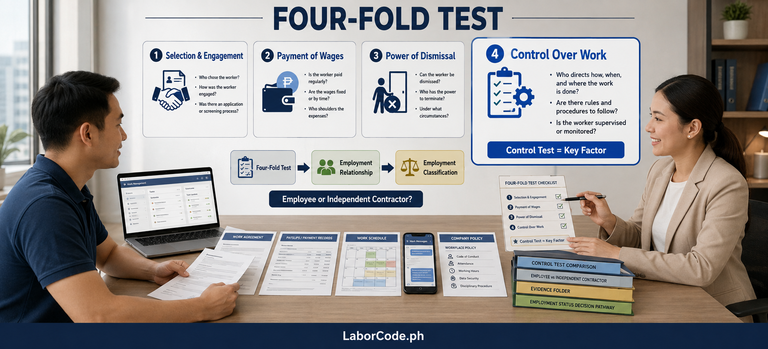 Two professionals discuss What Is the Four-Fold Test at a desk with charts explaining employment contracts.