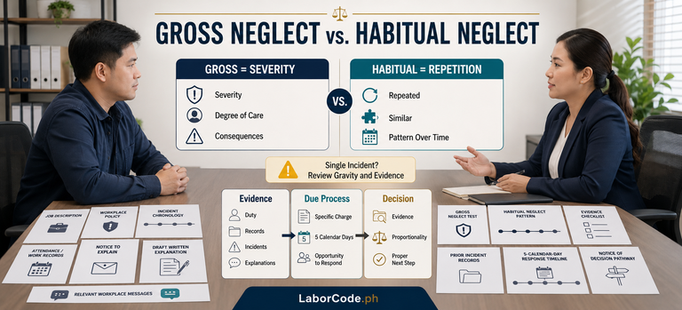 Filipino employee and HR professional comparing gross neglect and habitual neglect, including severity, repetition, evidence, and dismissal due process.