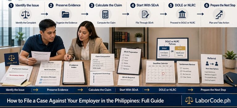 Two people review how to file a case against your employer in the Philippines with step-by-step guides at a desk.