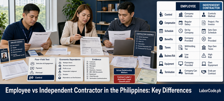 Filipino workers and a labor-compliance professional applying the Four-Fold Test to distinguish an employee from an independent contractor.