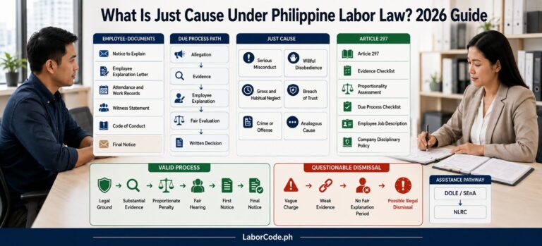 Two people discuss just cause termination Philippines at a table; infographic on Article 297 Labor Code is visible.