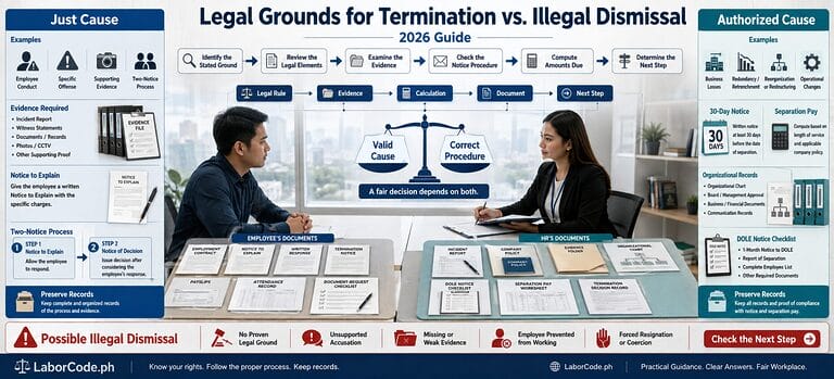 Two people discuss legal grounds for termination vs illegal dismissal at a desk with documents and flowcharts.