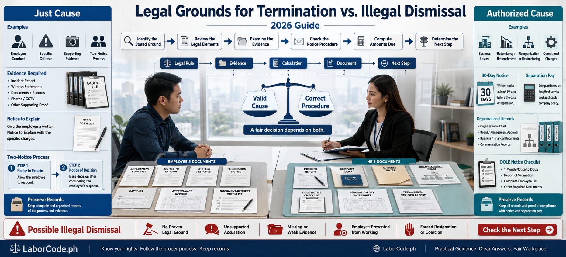 Two people discuss legal grounds for termination vs illegal dismissal at a desk with documents and flowcharts.