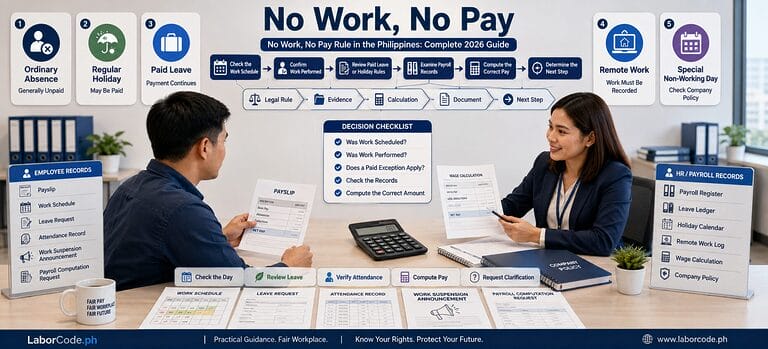 Two professionals discuss payroll, leave policies, and the No Work No Pay Rule Under the Labor Code with charts.