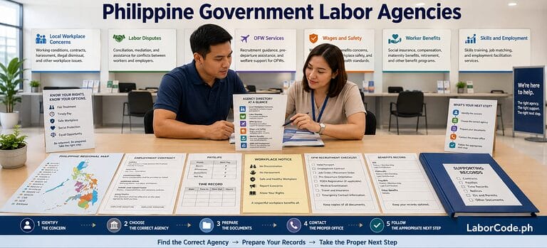 Two people discuss labor agency options at a table with the Complete Directory of Philippine Government Labor Agencies.