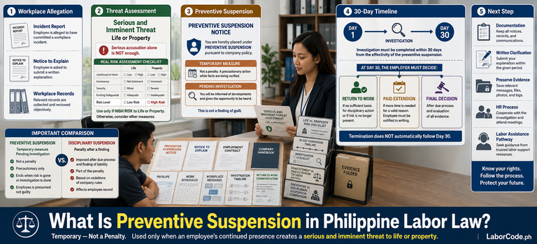 Two people discuss preventive suspension Philippines steps using charts and documents in an office setting.