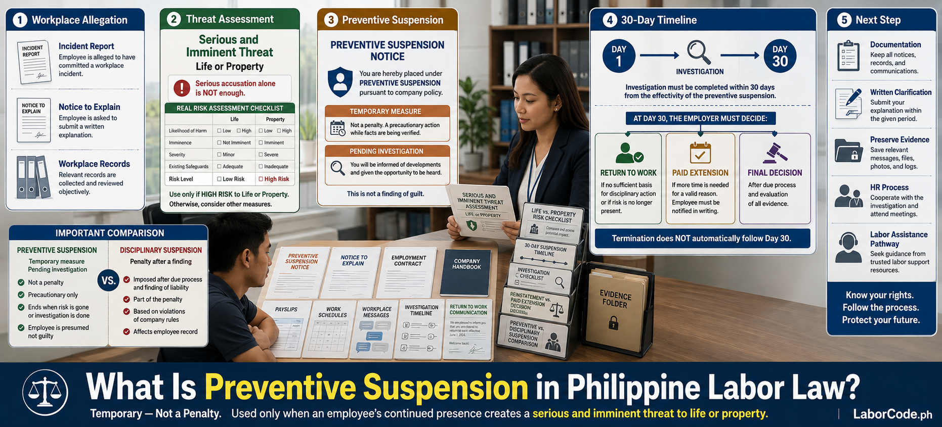 Two people discuss preventive suspension Philippines steps using charts and documents in an office setting.