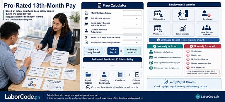 Two people discuss documents; infographic shows scenarios and a pro-rated 13th month pay calculator online.