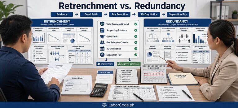 Two people review charts and documents, analyzing retrenchment vs redundancy per Article 298 Labor Code.