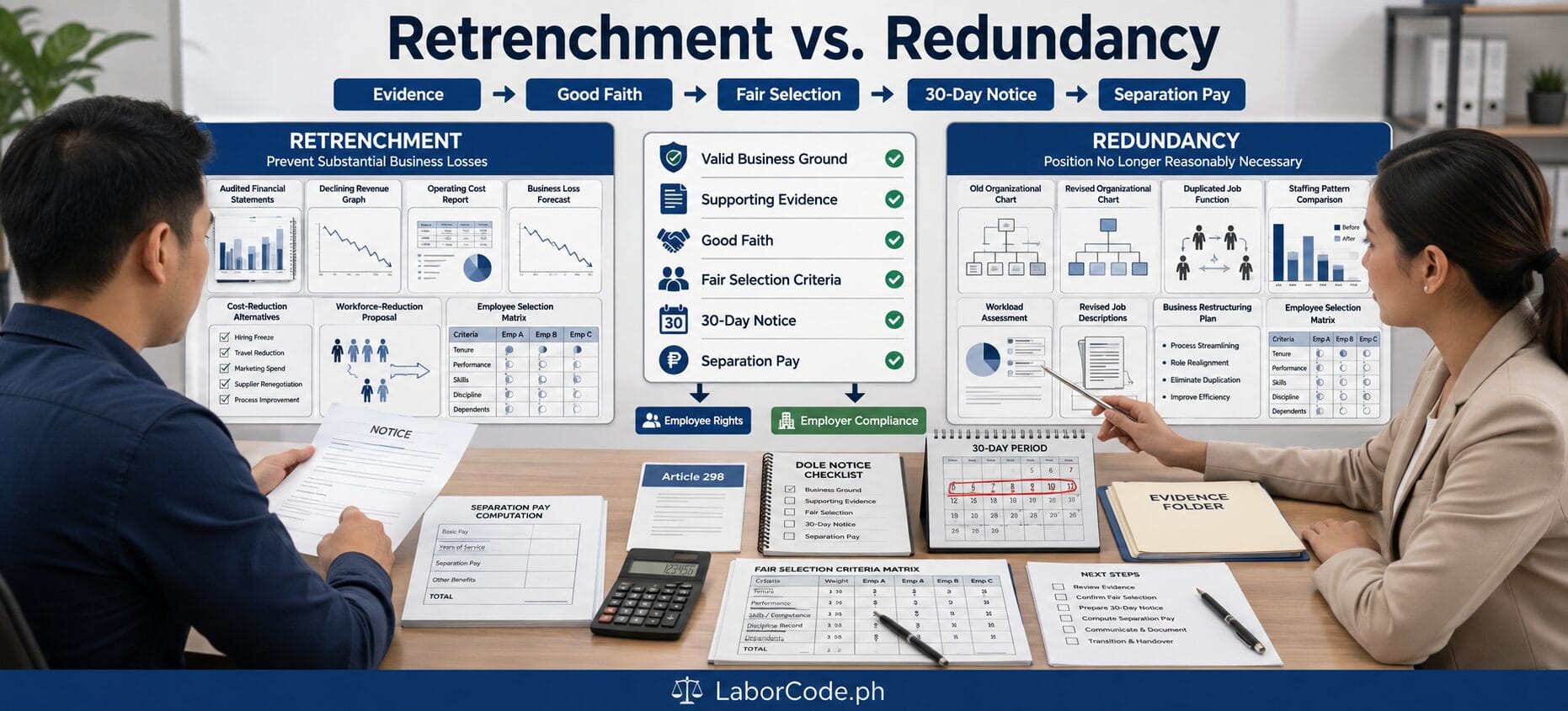 Two people review charts and documents, analyzing retrenchment vs redundancy per Article 298 Labor Code.