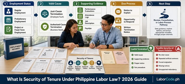 Two professionals discuss employment documents, focusing on Article 294 Labor Code and security of tenure issues.
