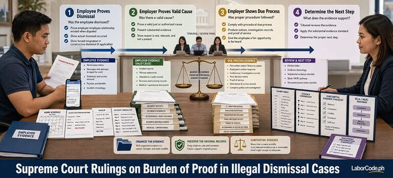 Two individuals review a Supreme Court illegal dismissal ruling and the burden of proof dismissal Philippines checklist.