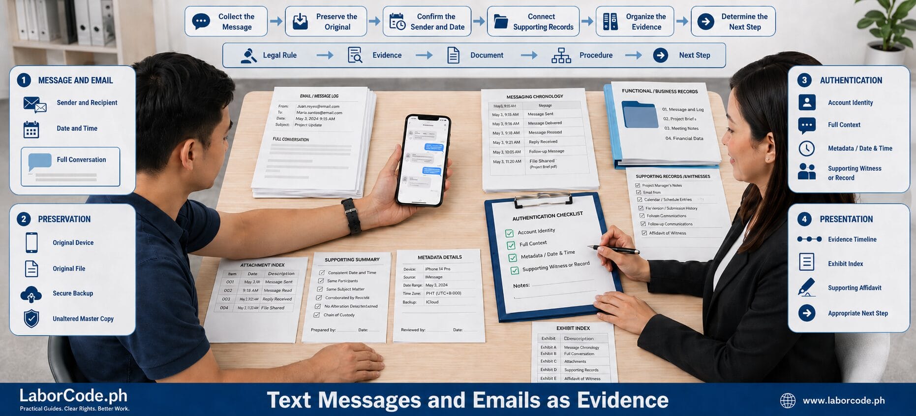 Two people review documents titled “using text messages and emails as evidence in dismissal” at a table.