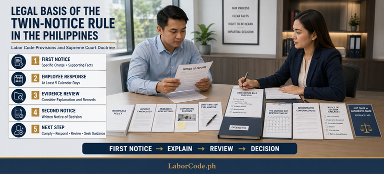 Filipino employee and HR professional reviewing the first notice, evidence, employee response, and written decision under the Philippine twin-notice rule.