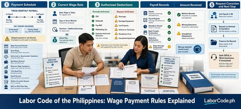 Two people review payroll with infographic panels on wage payment rules Philippines at a desk.