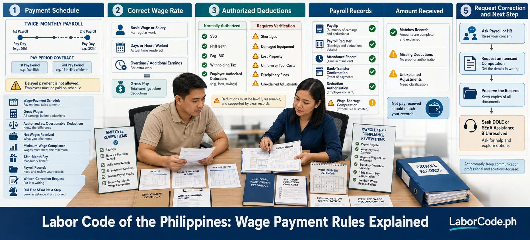 Two people review payroll with infographic panels on wage payment rules Philippines at a desk.