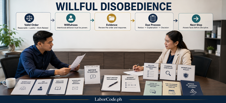 Filipino employee and HR professional reviewing the elements, evidence, and due-process steps for willful disobedience under Philippine labor law.