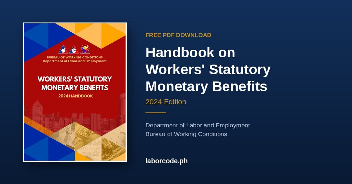 Cover of the DOLE Bureau of Working Conditions Handbook on Workers' Statutory Monetary Benefits, 2024 Edition, offered as a free PDF download on LaborCode.ph